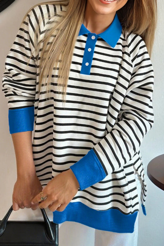 Black Stripe Button Blue Collar Top