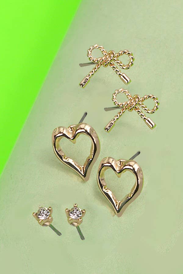 BOW HEART CHARM TRIO EARRINGS