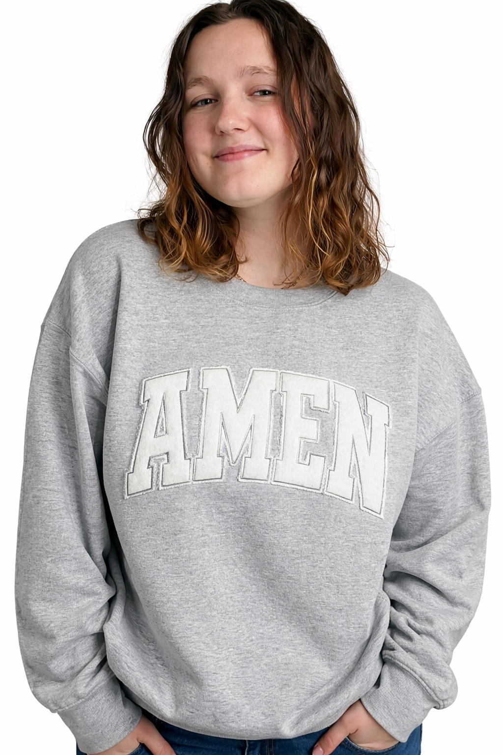 AMEN Tone on Tone Appliqué Crewneck Sweatshirt – Grey Faith Pullover