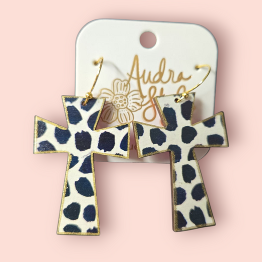 Cow print cross earrings