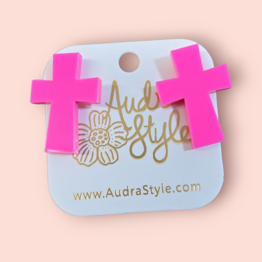Hot Pink Cross Earring Studs